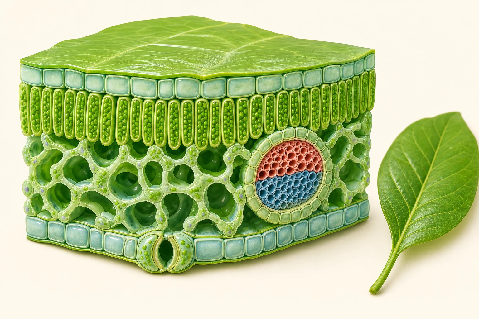 Enlarged leaf cross-section showing cuticle, epidermis, palisade cells, spongy mesophyll air spaces, a vascular bundle and an open stoma.