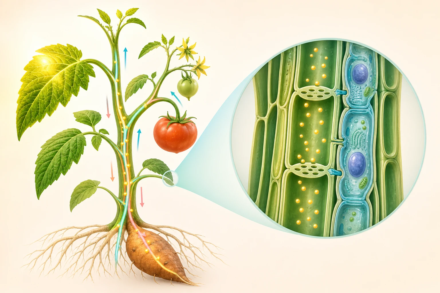 Plant showing sugar movement between a mature leaf, growing shoots, fruit and storage root with magnified sieve tubes and companion cells.