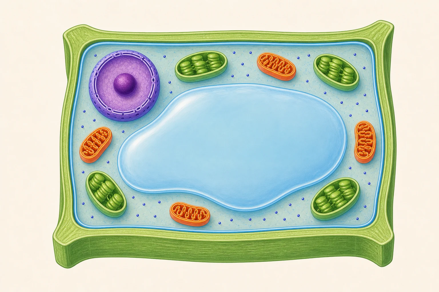 A typical plant cell showing a wall, membrane, cytoplasm, nucleus, permanent vacuole, chloroplasts, mitochondria and ribosomes.