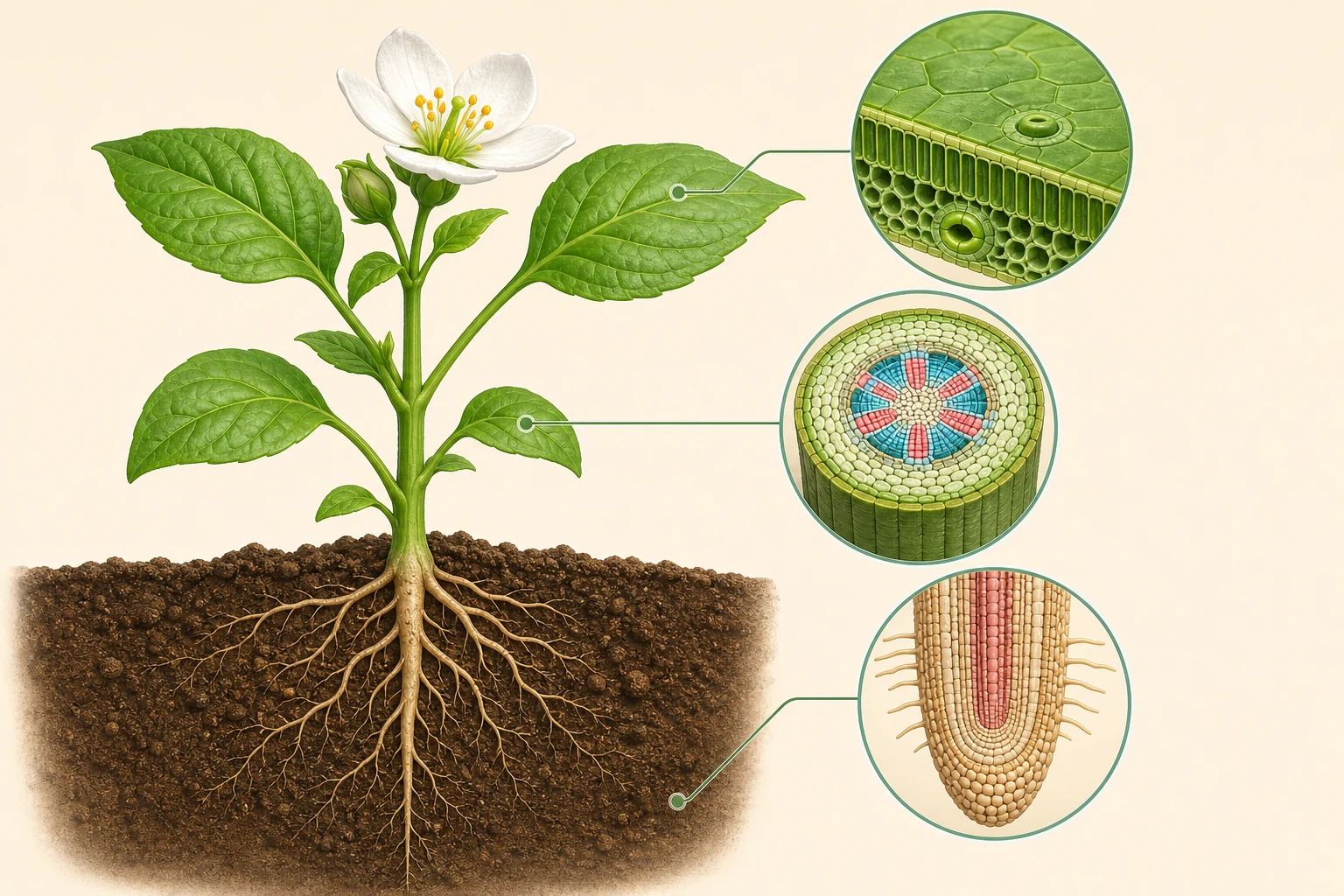 Flowering plant with magnified leaf, stem and root tissue cutaways.