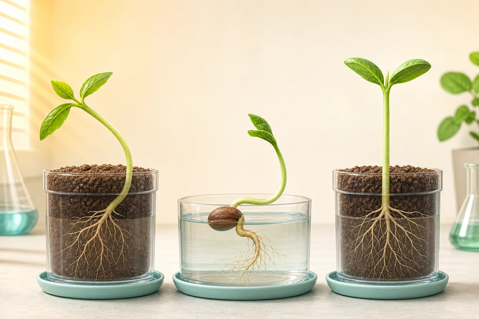 Three seedling setups showing a shoot bending towards side light, a horizontal seed with root curving down and shoot curving up, and an upright control.