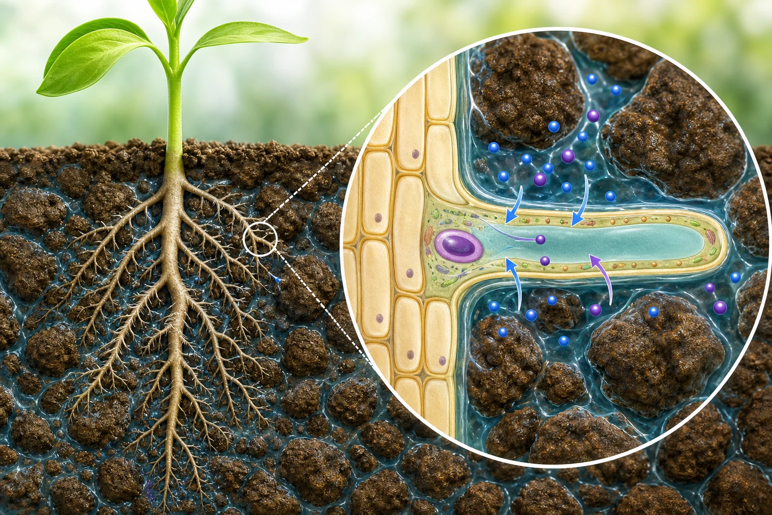 Plant roots in moist soil with a magnified root hair cell absorbing water and mineral particles.