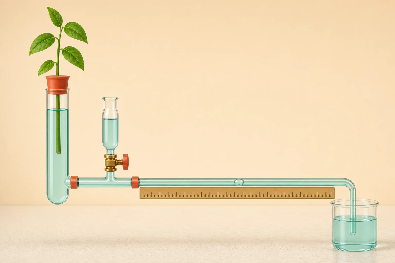 Bubble potometer with an upright leafy shoot sealed into a vertical water-filled tube, a reset reservoir with tap, a ruler beside a capillary containing one air bubble, and the capillary end submerged in water.