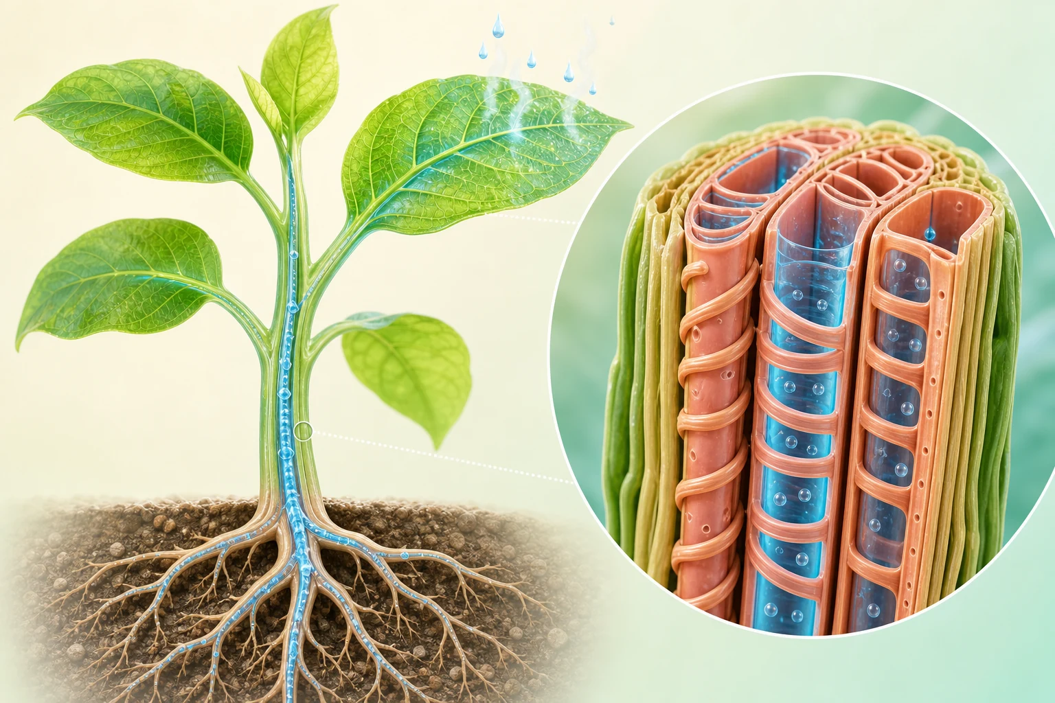 Plant showing a continuous blue water pathway from roots through stem to leaves with magnified lignified xylem vessels.